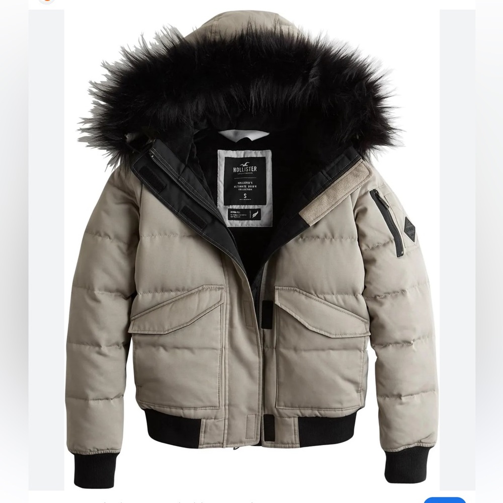 Hollister Gray Black Faux Fur Trim Hooded Ultimate Puffer Bomber Jacket Size S - Picture 2 of 15